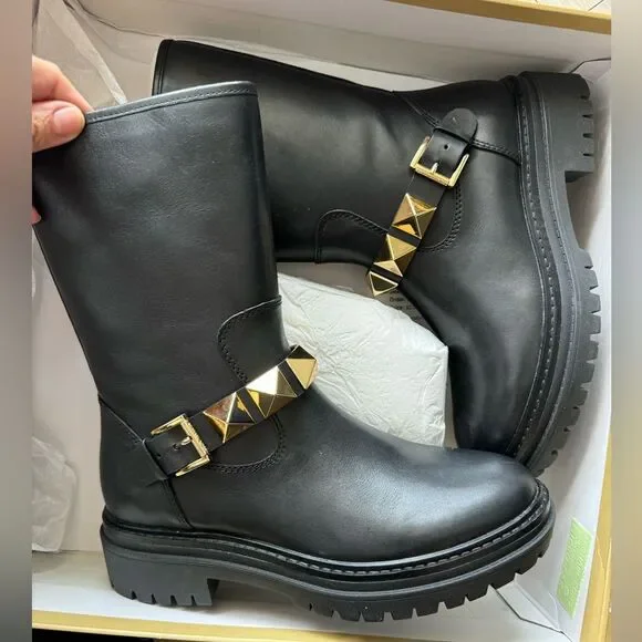 NEW Michael Kors Layton Leather boots with  gold studs short booties sz 6.5 - Picture 4 of 16